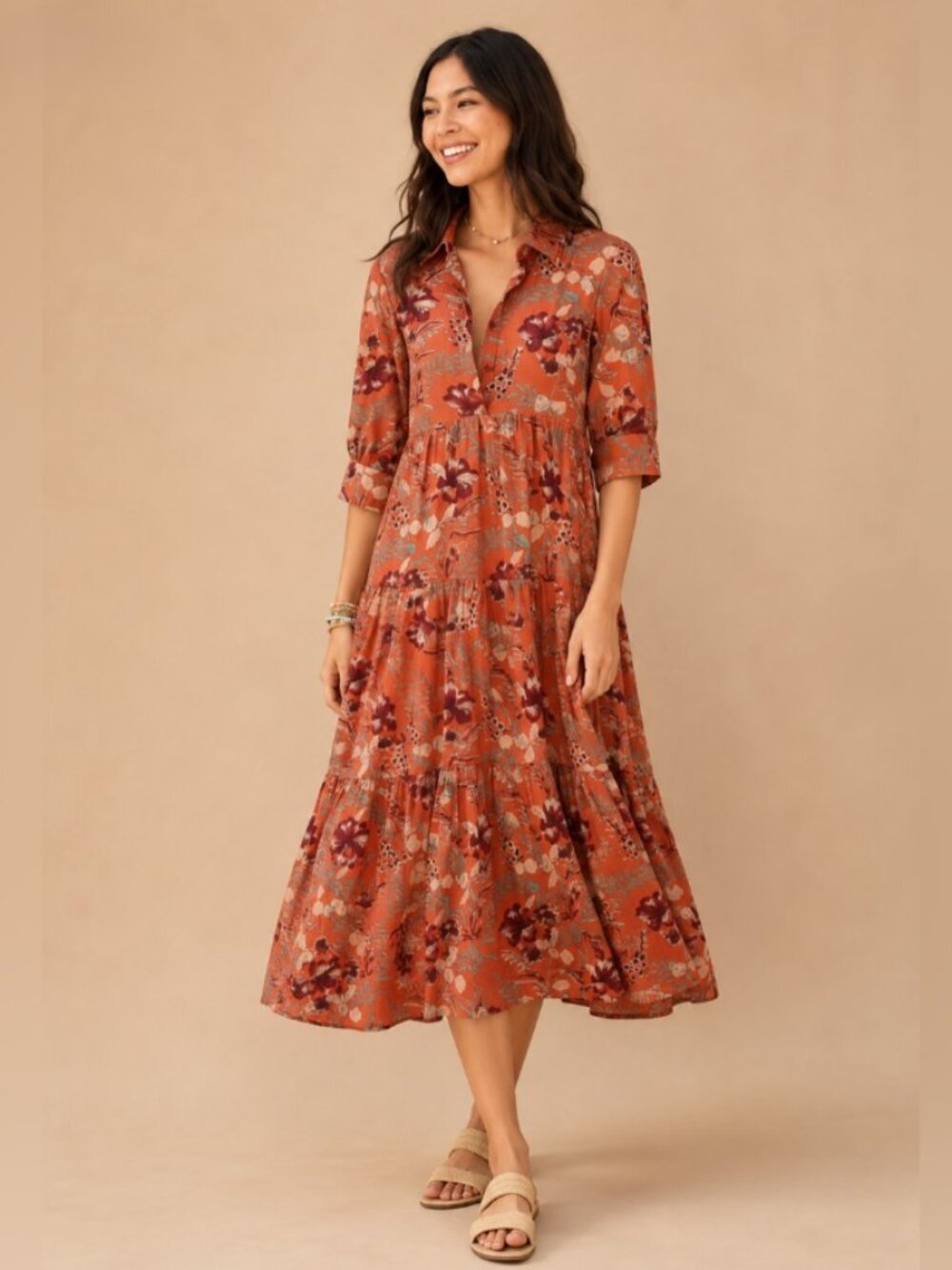 Natural Life Rebecca Midi Dress Orange Tropical Floral Size Small